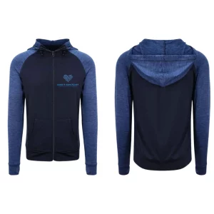 A navy and blue full-zip sports hoodie by Jamie’s Sanctuary, displayed from the front and back. The front left chest features the Jamie’s Sanctuary logo in blue. The hoodie has a two-tone design with a navy body and heathered blue sleeves and hood. The back is plain with the same two-tone color scheme.