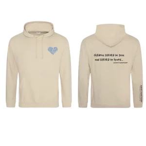 A sand colour adult hoodie by Jamie’s Sanctuary, shown from the front and back. The front left chest features the Jamie's Sanctuary logo. The back displays the quote “Children SHOULD be seen and SHOULD be heard… Jamie’s Sanctuary” in black text. The left sleeve also features Jamie’s Sanctuary branding in black lettering. The hoodie has a drawstring hood and a large front pocket.