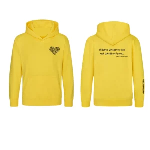 A bright yellow children’s hoodie by Jamie’s Sanctuary, displayed from the front and back. The front left chest features the logo in blue. The back showcases the quote “Children SHOULD be seen and SHOULD be heard… Jamie’s Sanctuary” in black text. Additional branding text runs along the left sleeve.