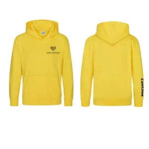 A bright yellow children’s hoodie by Jamie’s Sanctuary, shown from the front and back. On the front left chest, the Jamie’s Sanctuary logo in dark lettering. The back is plain, and the right sleeve features the word “Continue” in bold black text.