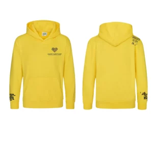 A yellow children’s hoodie by Jamie’s Sanctuary, shown from the front and back. On the front left chest, there is the Jamie’s Sanctuary logo in dark lettering. The back features the phrase “Shoulder to cry on” near the right shoulder, and additional branding text is visible on the sleeves.