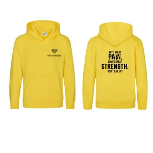 Bright Yellow Jamie's Sanctuary hoodie with motivational quote on the back. The front features a small heart-shaped logo with "Jamie's Sanctuary - Strength in Numbers" on the chest. The back displays the message: "With great pain, comes great strength. Don't give up!" in bold black text.